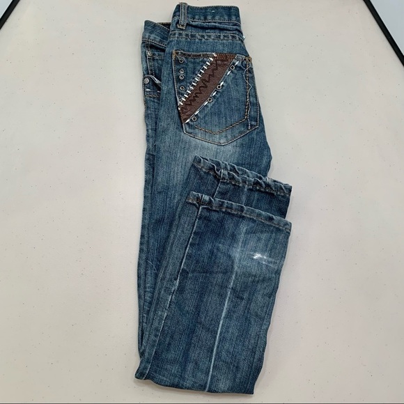 GS115 Jeans Kids 10 Straight Leg Leather Accent Pockets Girl - Picture 2 of 13